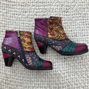 New Socofy Multicolored Ankle Boots Women's Size 38/7.5-8 Boho Witchy Artsy